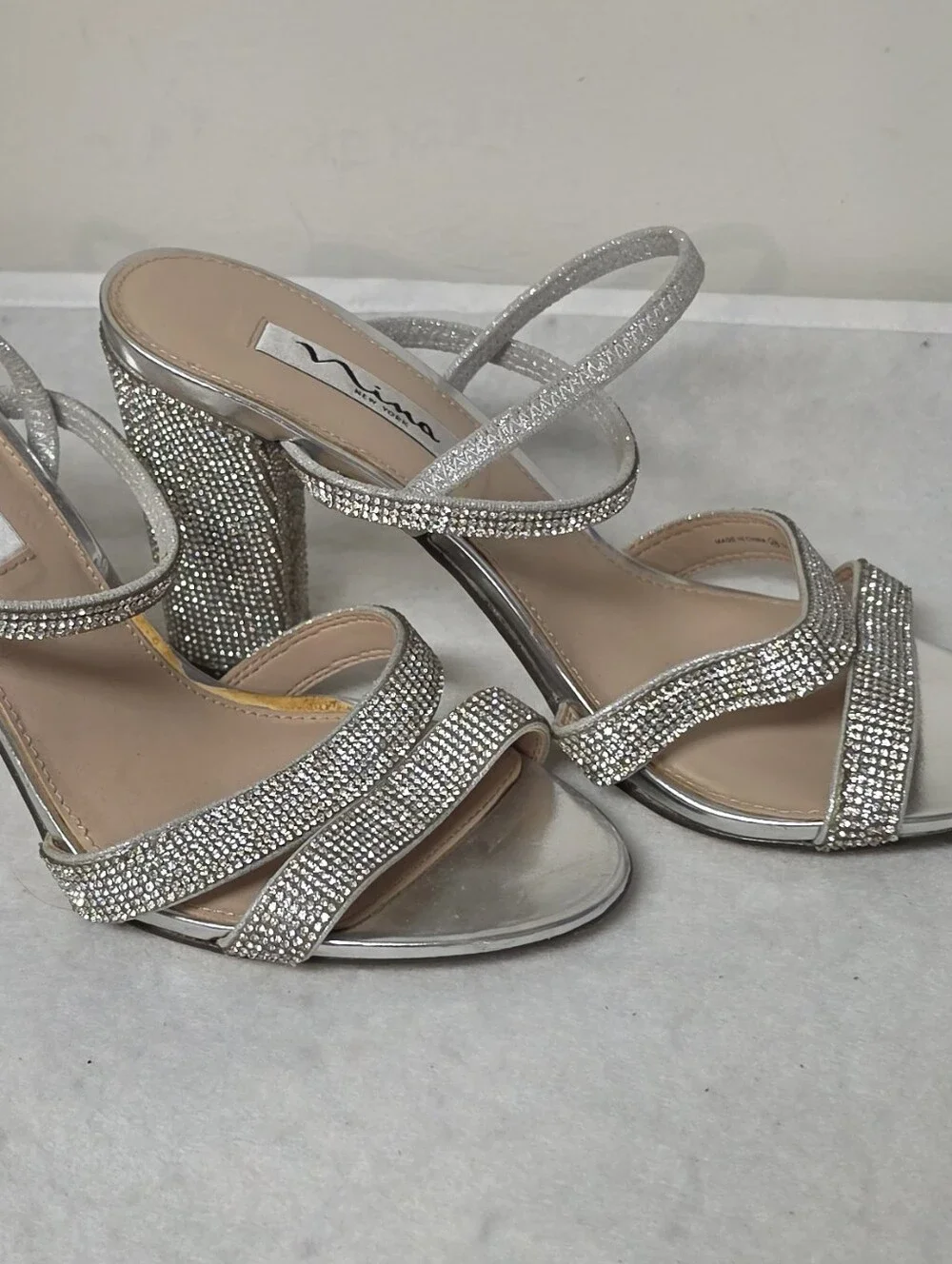 Nina Shoes Silver Crystal Block Heel Sandals